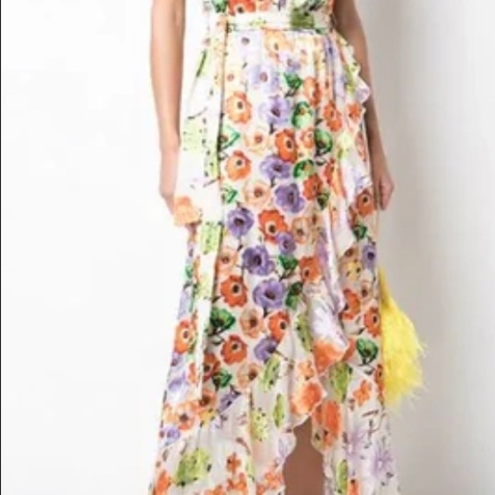 EVELIA RUFFLED FLORAL-PRINT GEORGETTE DRESS IN ORANGE